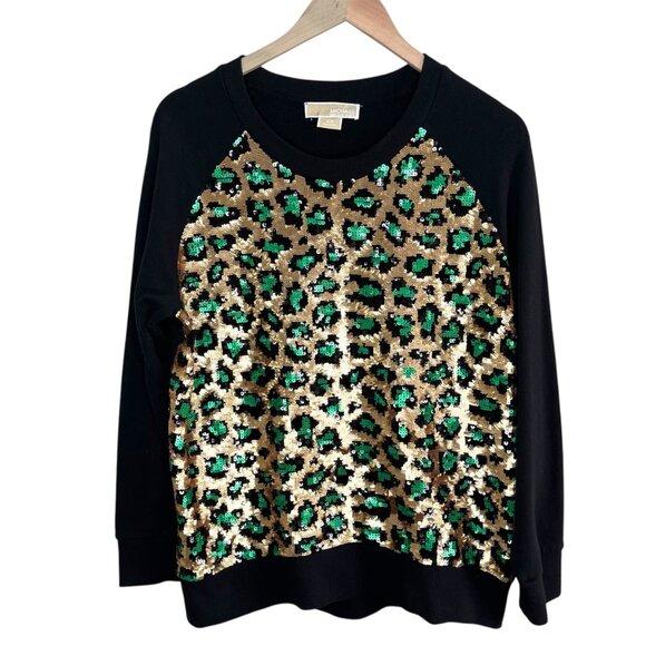 Michael Michael Kors Sequin Gold and Green Leopard Print Black Sweatshirt 0X - Picture 1 of 10